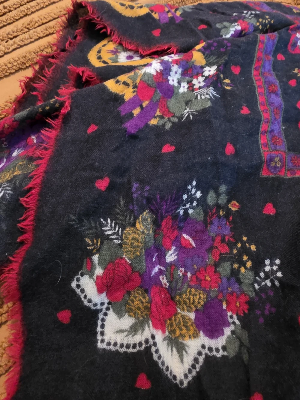 Vintage Slavic-Style Floral & Heart Square Shawl EUC